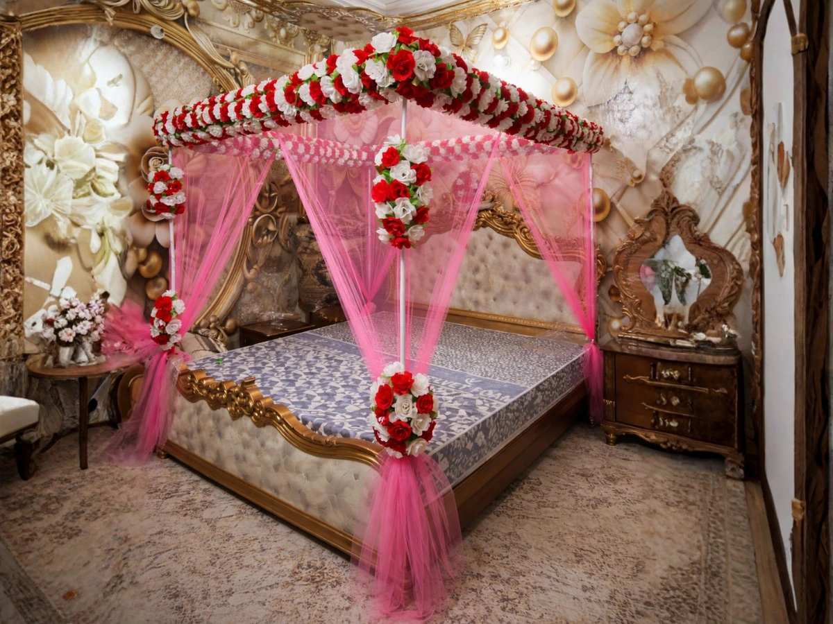 Red and white artificial masehri design in Lahore with canopy frame