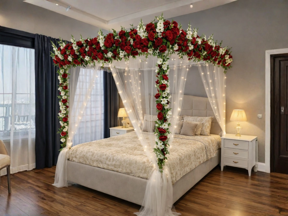 Red and white fresh flower masehri design in Lahore with natural floral canopy