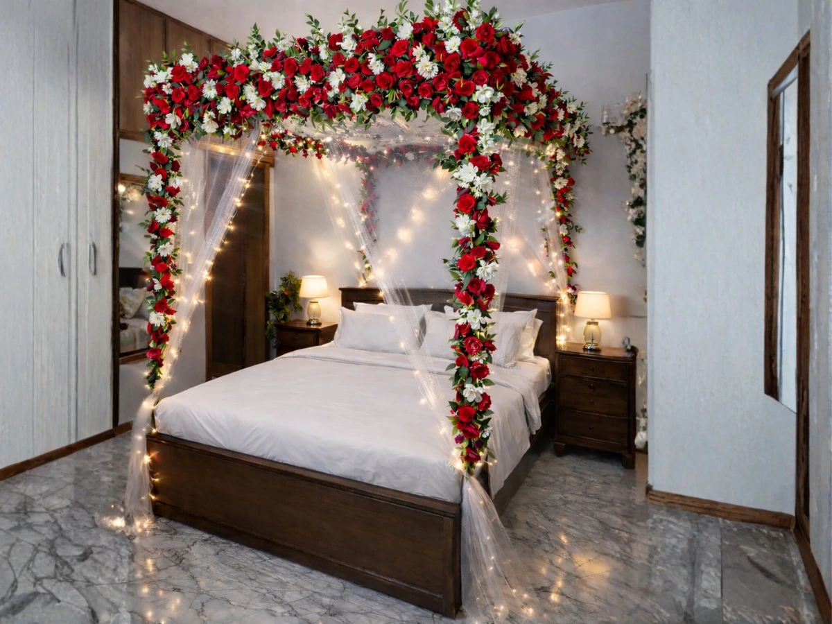 Red and white premium masehri design in Lahore with canopy and room styling