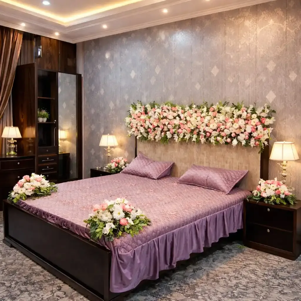 White and pink masehri design in Lahore with soft pastel floral canopy