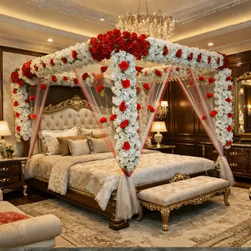 Traditional red and white floral masehri design in Lahore with canopy frame